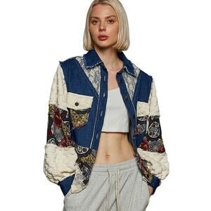 NWT POL Women’s Boho Balloon Sleeve Denim Patchwork Thermal Jacket